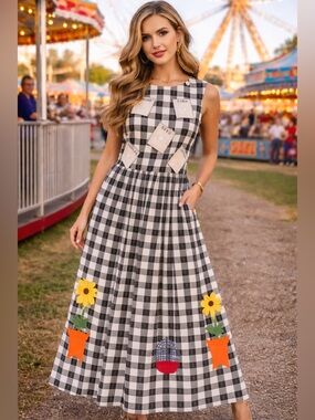 Rare Vintage Handmade Sunflower Tea Pot Cotton Gingham Calico Embroidered Dress